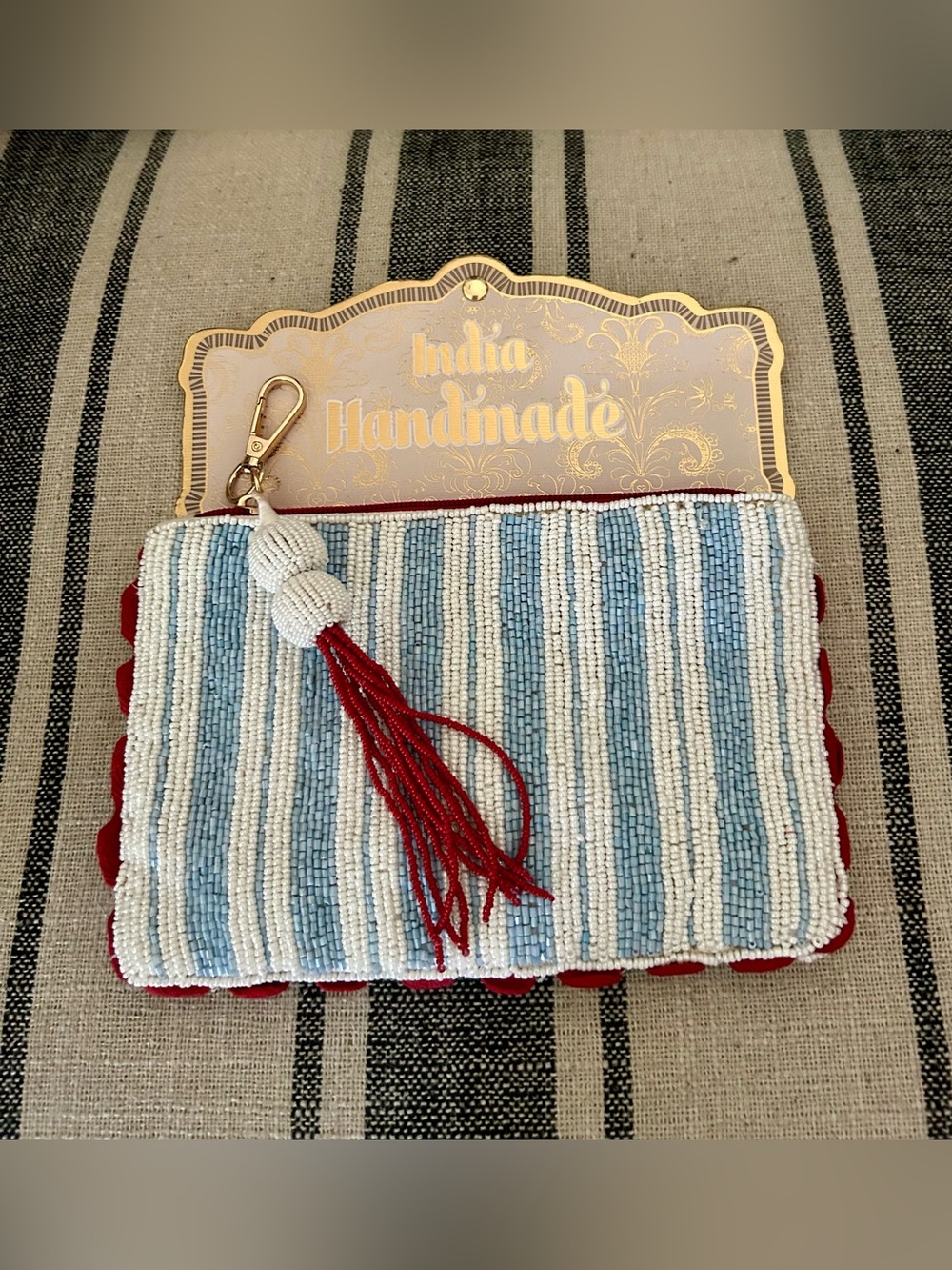 Blue & White Beaded Pouch with Red Tassel